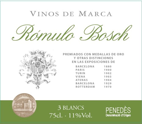 Rómulo Bosch 3 Blancs. D.O. Penedés - Xarel.lo, Parellada. Precio/bot.:4,,65€ - Precio caja con 6 bot.: 27,9€